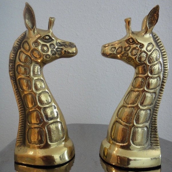 Vintage HOLLYWOOD REGENCY Mid Century Modern Brass GIRAFFE Bookends Sculptures Gold Metal Pair African Animal Big Figures Statues w/Antlers