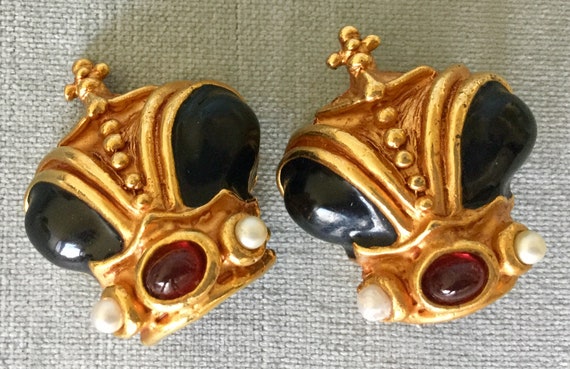 Royal CROWN w/PEARLS & RUBY Red Glass Cabochon Bl… - image 2