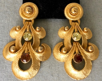 Massive CRAFT Signed 3 1/4” ETRUSCAN REVIVAL Drop Dangle Earrings Crystals Gold Metal Vintage Designer Runway Couture Modernist Statement