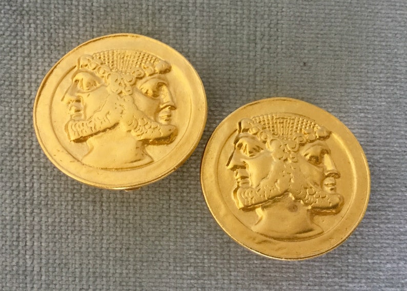 KJL Kenneth Jay Lane Signed JANUS HEADS Roman Coin Gold Metal Round Earrings Vintage Etruscan Revival Big Statement Designer Runway Couture
