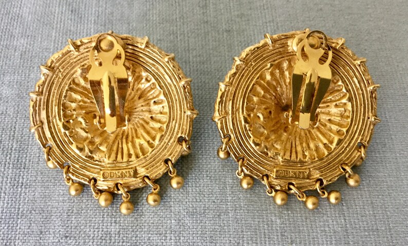 Massive DKNY Donna Karan Signed 2\u201d HAT Sombrero wCHARMS Black Enamel Gold Metal Earrings Clip Bead Dangle Vintage Designer Runway Couture