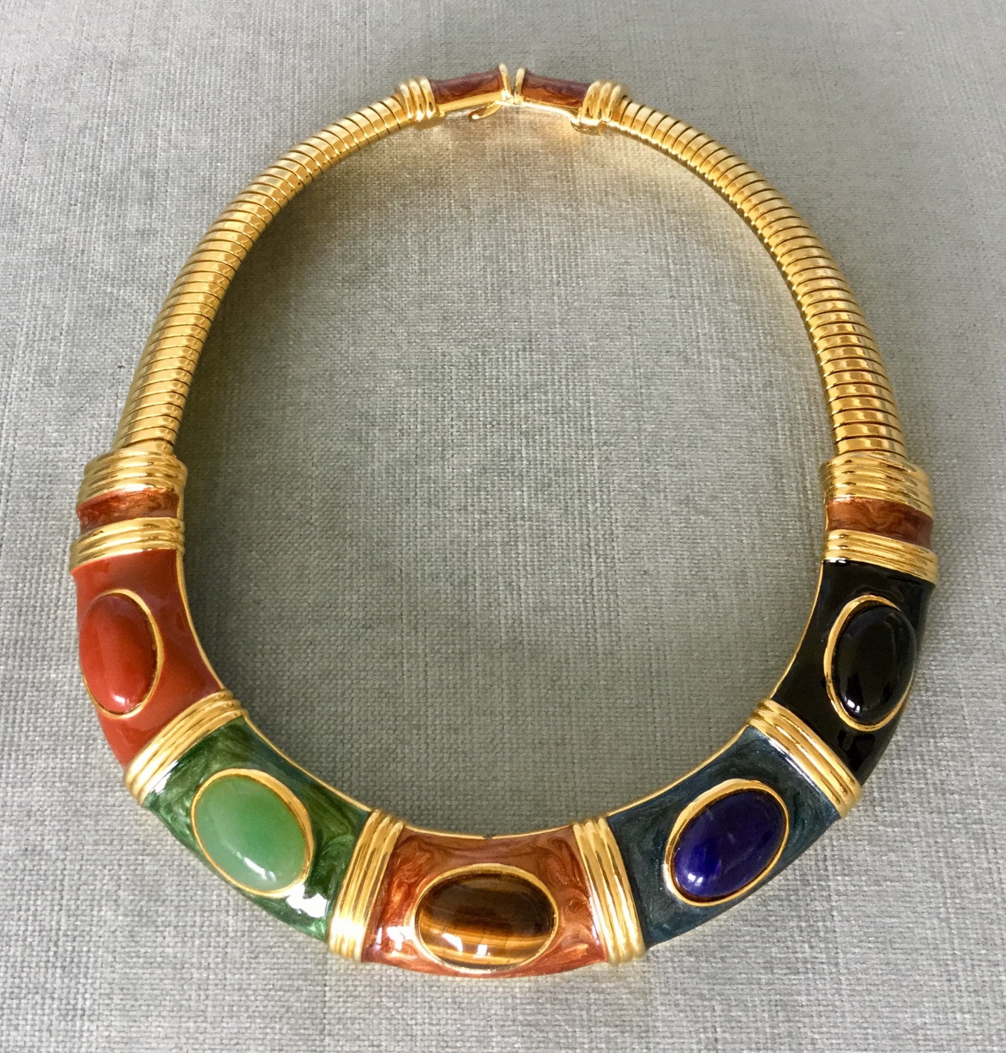 Amazing ALEXIS KIRK Signed CABOCHON Stone Enamel Art Deco Modernist Snake Chain Gold Metal Collar Necklace Vintage Designer Runway Couture Etsy
