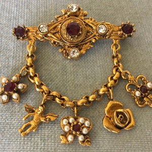 Victorian GRAZIANO Signed CHARMS on CHAIN Flowers Cherub Bow Red Glass Seed Pearls Brooch Pin Crystals Gold Metal Vintage Designer Couture