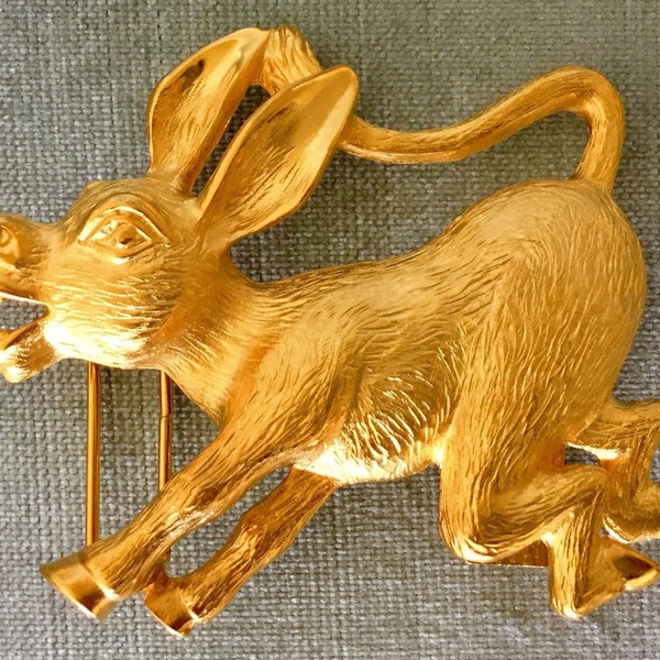 Rare DOREEN RYAN Signed Smiling DONKEY Rich Gilt Gold Metal Big Belt Buckle Vintage Designer Runway Couture Impossible To Find Democratic