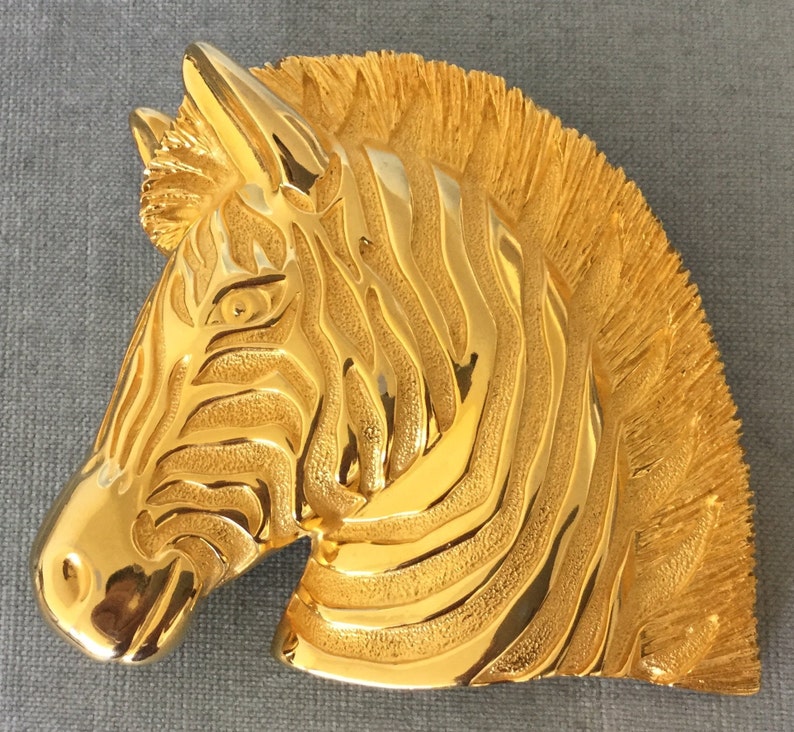 Massive Douglas PAQUETTE Signed ZEBRA\u2019s HEAD Gold Metal Oversized Belt Buckle Vintage Designer Runway Couture Animal Statement Large Figural