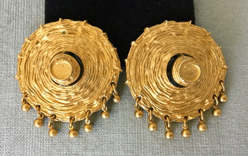 Massive DKNY Donna Karan Signed 2\u201d HAT Sombrero wCHARMS Black Enamel Gold Metal Earrings Clip Bead Dangle Vintage Designer Runway Couture