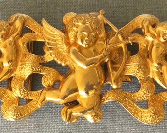 Whimsical VICTORIAN CUPID Love ANGELS Cherubs Rich Gilt Belt Buckle Gold Metal Vintage Designer Runway Couture Statement Art Nouveau Deco