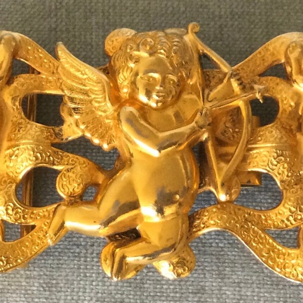 Whimsical VICTORIAN CUPID Love ANGELS Cherubs Rich Gilt Belt Buckle Gold Metal Vintage Designer Runway Couture Statement Art Nouveau Deco