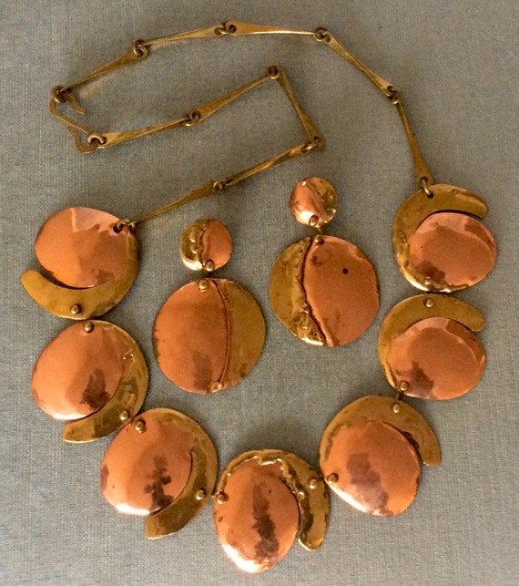 Collectors JOSEPH BORIS Signed Modernist DISCS Necklace Drop Dangle Earrings Set Copper Brass Metal Vintage Designer Brutalist Art To Wear