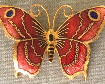 Vibrant BIJOUX CASCIO Signed Enameled BUTTERFLY Art Deco Sculptural Brooch Pin Red Blue Gold Metal Vintage Designer Runway Couture Insect