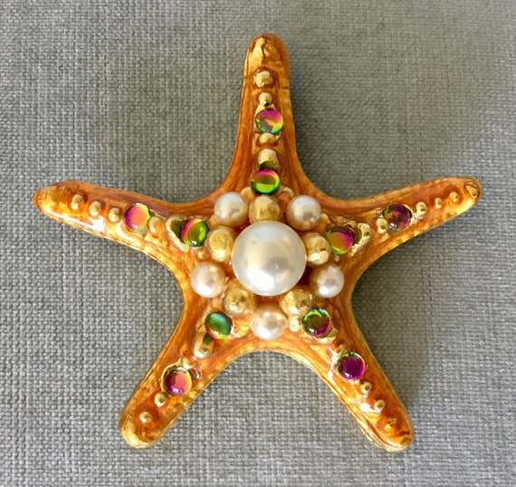 Italian Starfish Enamel Gold Tone Clip Earrings - Ruby Lane