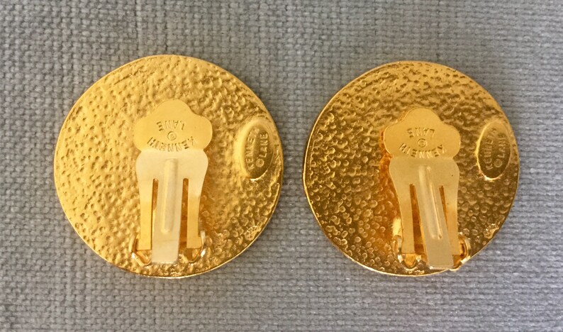 KJL Kenneth Jay Lane Signed JANUS HEADS Roman Coin Gold Metal Round Earrings Vintage Etruscan Revival Big Statement Designer Runway Couture