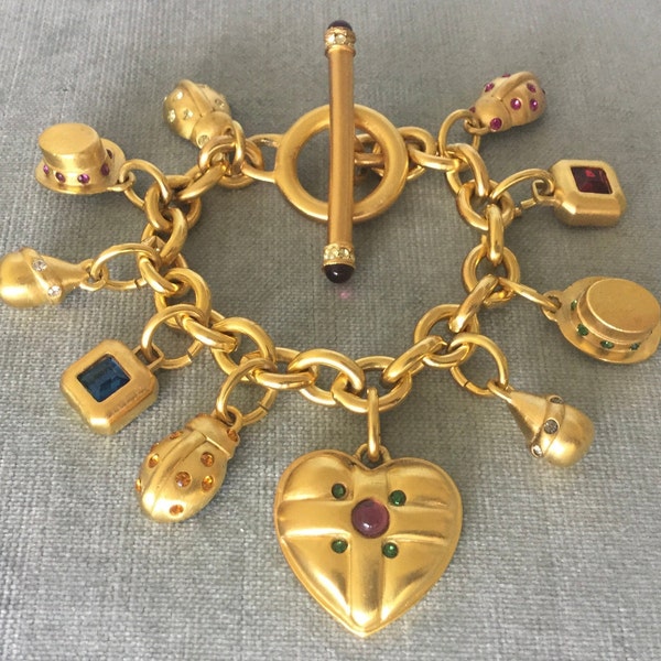 Fab ROXANNE ASSOULIN Signed CHARMS Heart Huge Toggle Chain Bracelet Glass Crystal Gold Metal Vintage Designer Runway Couture Love Statement