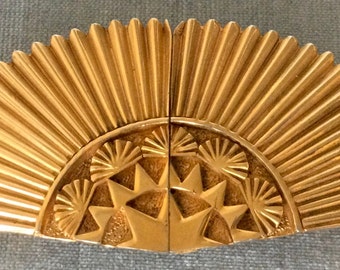 8" Long ACCESSOCRAFT Signed ART DECO Huge Fan with Stars Belt Buckle Gold Metal Vintage Designer Runway Couture Big Modernist Statement