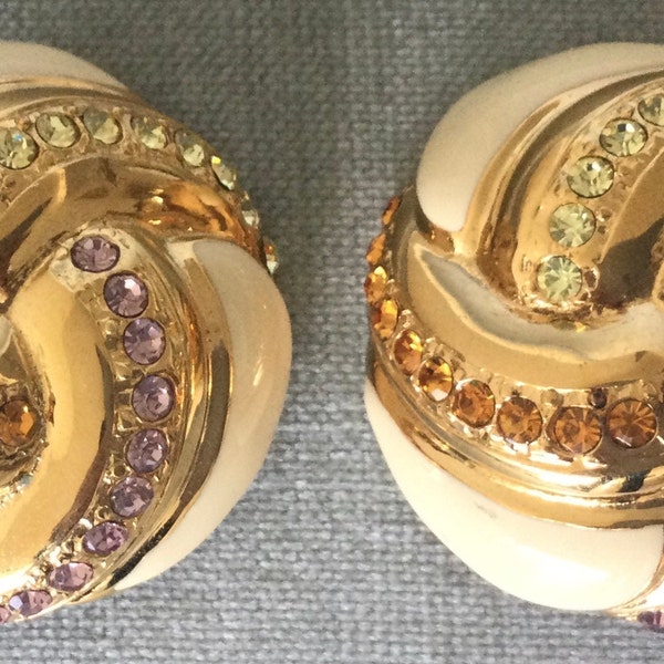 Superb ESSEX Signed ENAMELED JEWELED Knot Art Deco Drop Earrings Multicolor Crystal Rhinestones Gold Metal Vintage Designer Couture Runway