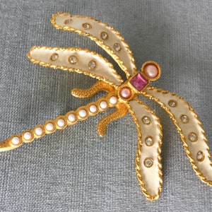 Massive YOSCA Signed ENAMELED DRAGONFLY Pearls Glass Moghul Crystal Rhinestone Brooch Pin Gold Metal Vintage Designer Runway Couture Insect