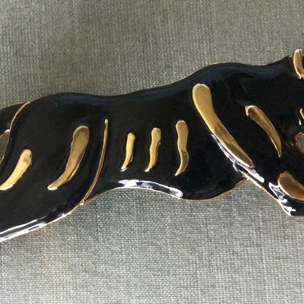 Massive 8 1/4” Long MIMI Di N Signed PANTHER Black Enamel Belt Buckle Gold Metal Vintage Designer Runway Couture Animal Statement Lion Cat