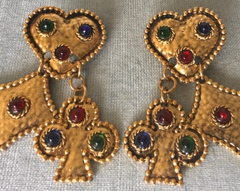 Divine EDOUARD RAMBAUD Paris HEART & Charms Multicolor Glass Cabochons Drop Dangle Earrings Gold Metal Vintage Designer Couture Runway Love