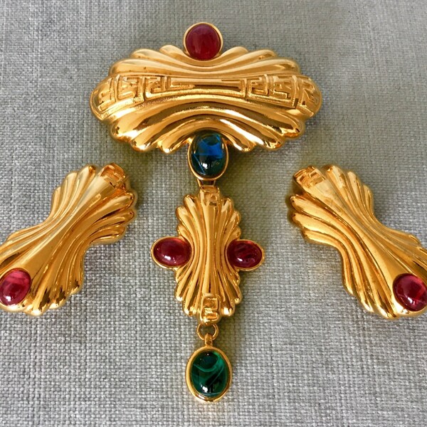 Iconic FENDI Signed LOGO Gripoix Glass CABOCHON Ruby Emerald Sapphire Earrings Brooch Charm Big Pin Set Gold Metal Vintage Designer Runway