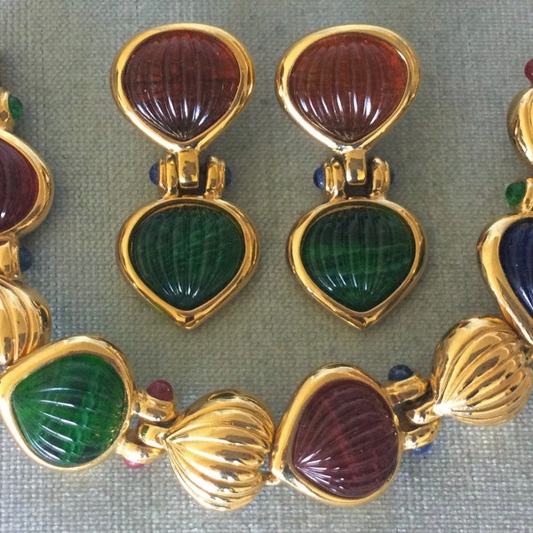 Multicolor GIVENCHY Signed Fluted GLASS CABOCHONS Doorknocker Drop Dangle Earrings Bracelet Set Gold Metal Vintage Designer Couture Art Deco