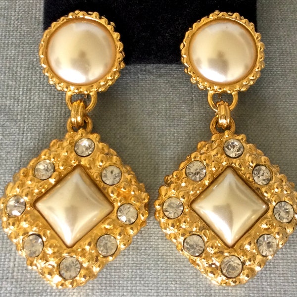 Oversized MADE In FRANCE Signed PEARLS Button Square Drop Dangle Earrings Crystals Gold Metal Vintage Designer Runway Couture Big Statement