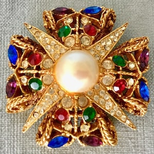 Huge BYZANTINE MALTESE Cross MOGHUL Pearl Gripoix Glass Ruby Emerald Sapphire Crystal Cabochons Gold Metal Brooch Pin Vintage Runway Couture