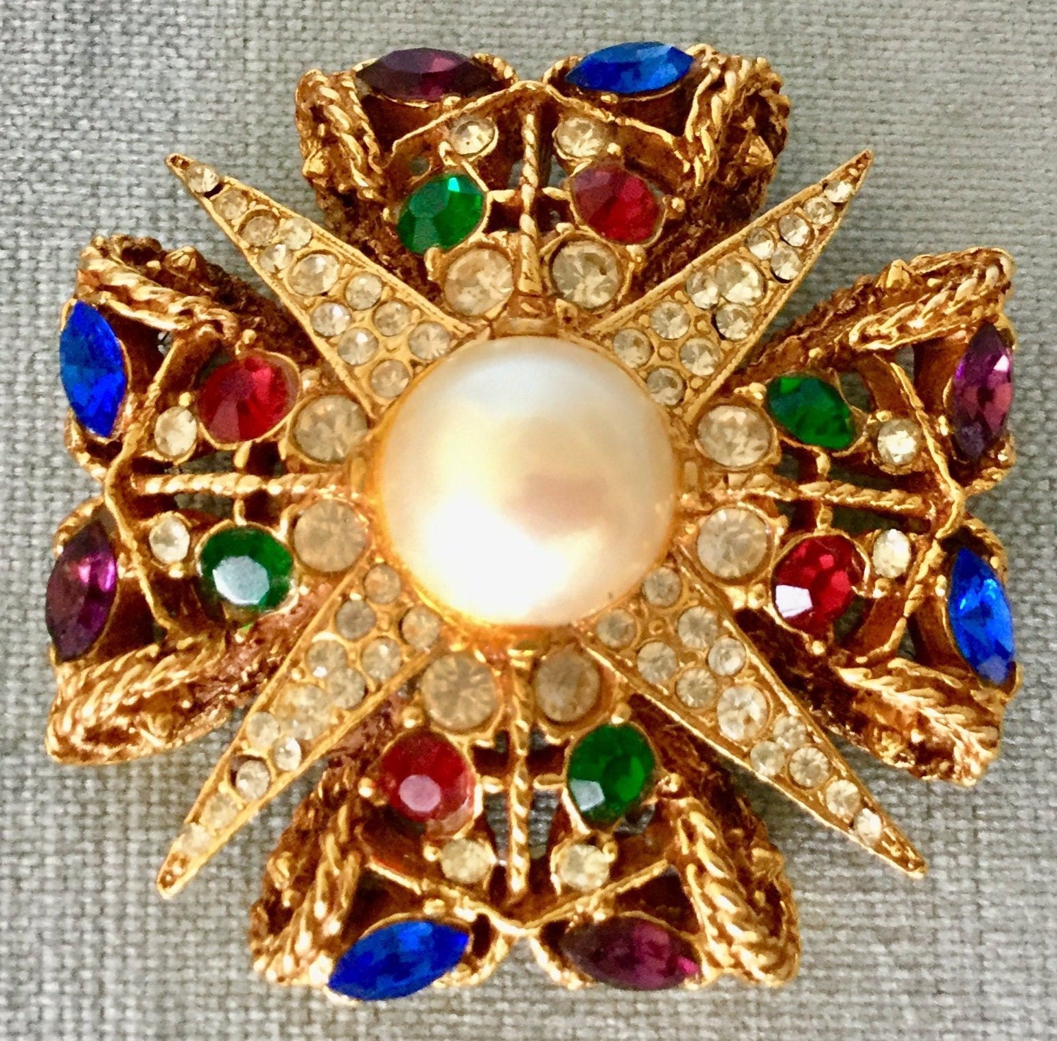 Huge BYZANTINE MALTESE Cross MOGHUL Pearl Gripoix Glass Ruby -  Israel