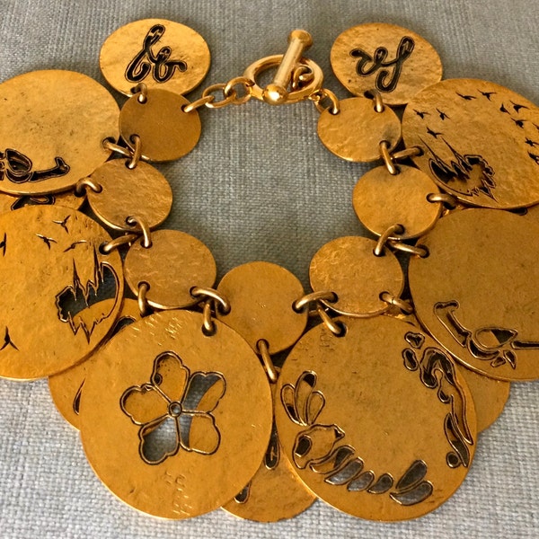 Rarest SONIA RYKIEL Signed Logo DISC Big Coin Charm Medallion Bracelet Gold Metal Vintage Designer Runway Couture Floral Modernist Statement