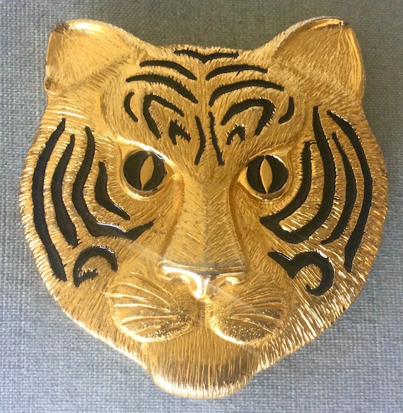 Huge DOTTY SMITH Signed TIGER Cats Head Belt Buckle Black Enamel