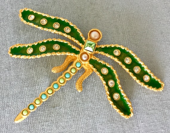 Massive YOSCA Signed ENAMELED DRAGONFLY Pearls Gl… - image 2