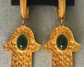 Rarest ALEXIS KIRK Signed HAMSA Hand Charm Green Lucite Cabochon 3 3/8” Drop Earrings Gold Metal Vintage Designer Runway Couture Statement