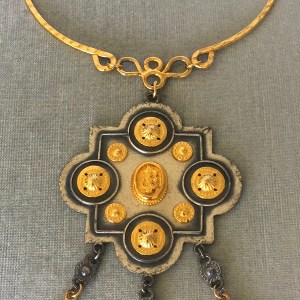 Massive CADORO Signed ETRUSCAN BYZANTINE Pendant Charms on Stiff Choker Necklace Gold Silver Metal Vintage Runway Designer Couture Statement