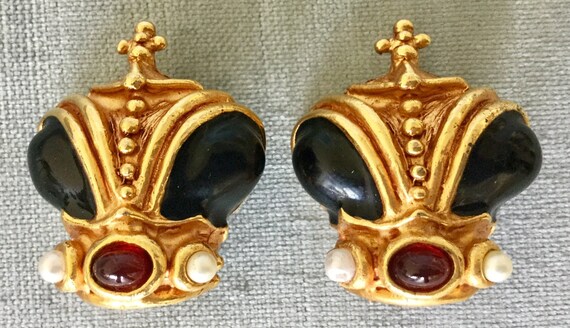 Royal CROWN w/PEARLS & RUBY Red Glass Cabochon Bl… - image 1