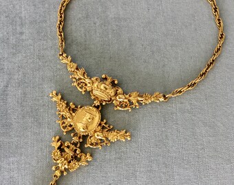 VICTORIAN NOUVEAU Crown CAMEO Fob Charm Filigree Flower 5” Long Pendant Collar Necklace Gold Metal Vintage Runway Couture Choker Statement