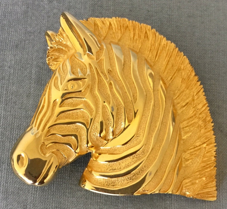 Massive Douglas PAQUETTE Signed ZEBRA\u2019s HEAD Gold Metal Oversized Belt Buckle Vintage Designer Runway Couture Animal Statement Large Figural