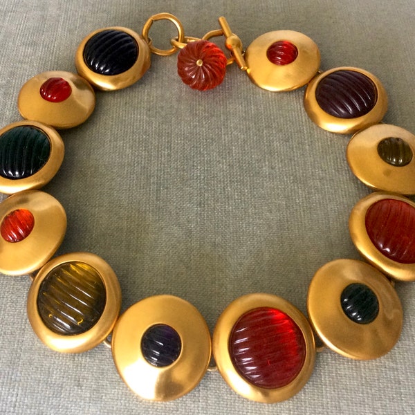 Rarest ANNE KLEIN Couture Signed MODERNIST Multicolor Ribbed Lucite Disc Link Choker Necklace Gold Metal Vintage Designer Runway Statement