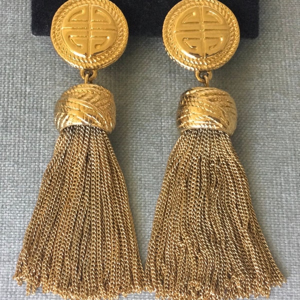 Iconic GIVENCHY Paris Signed LOGO TASSEL Multichain Doorknocker Drop Dangle Earrings Gold Metal Vintage Designer Runway Couture France Big