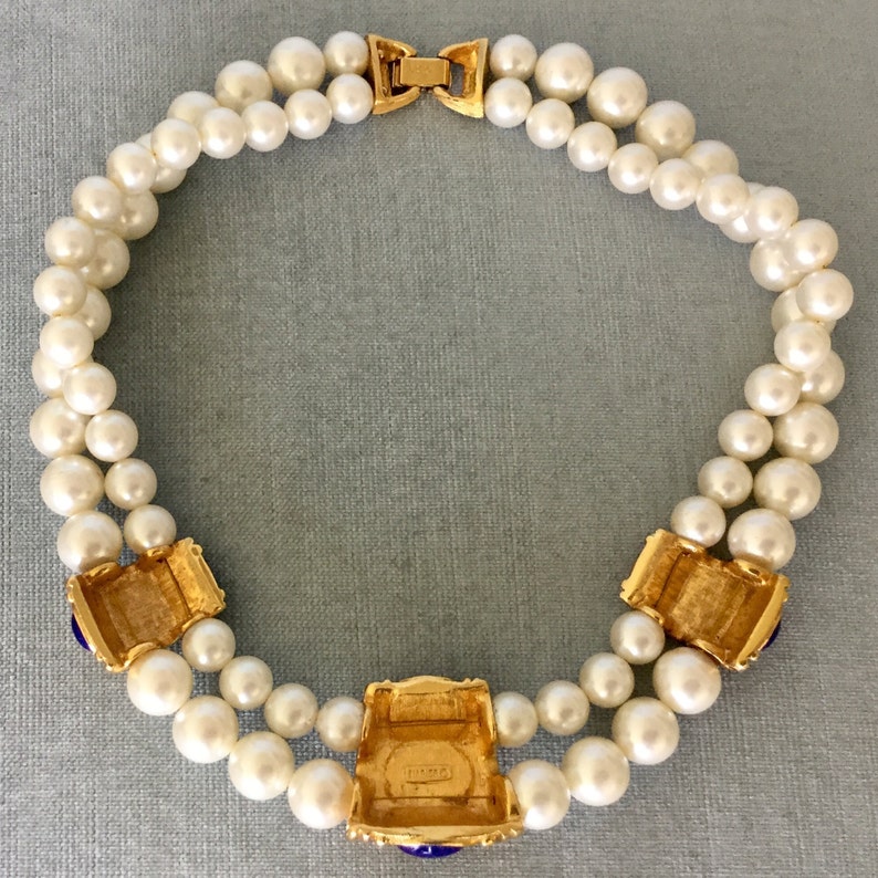 Fantastic NAPIER Signed Etruscan PEARLS /& LAPIS Glass Cabochons Choker Collar Necklace Gold Metal Vintage Designer Runway Couture Statement