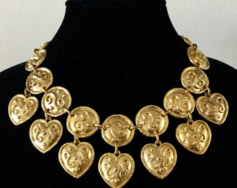 Divine EDOUARD RAMBAUD Signed HEART Charm Etruscan Big Disc Choker Collar Necklace Gold Metal Ornate Chunky Vintage Designer Runway Couture