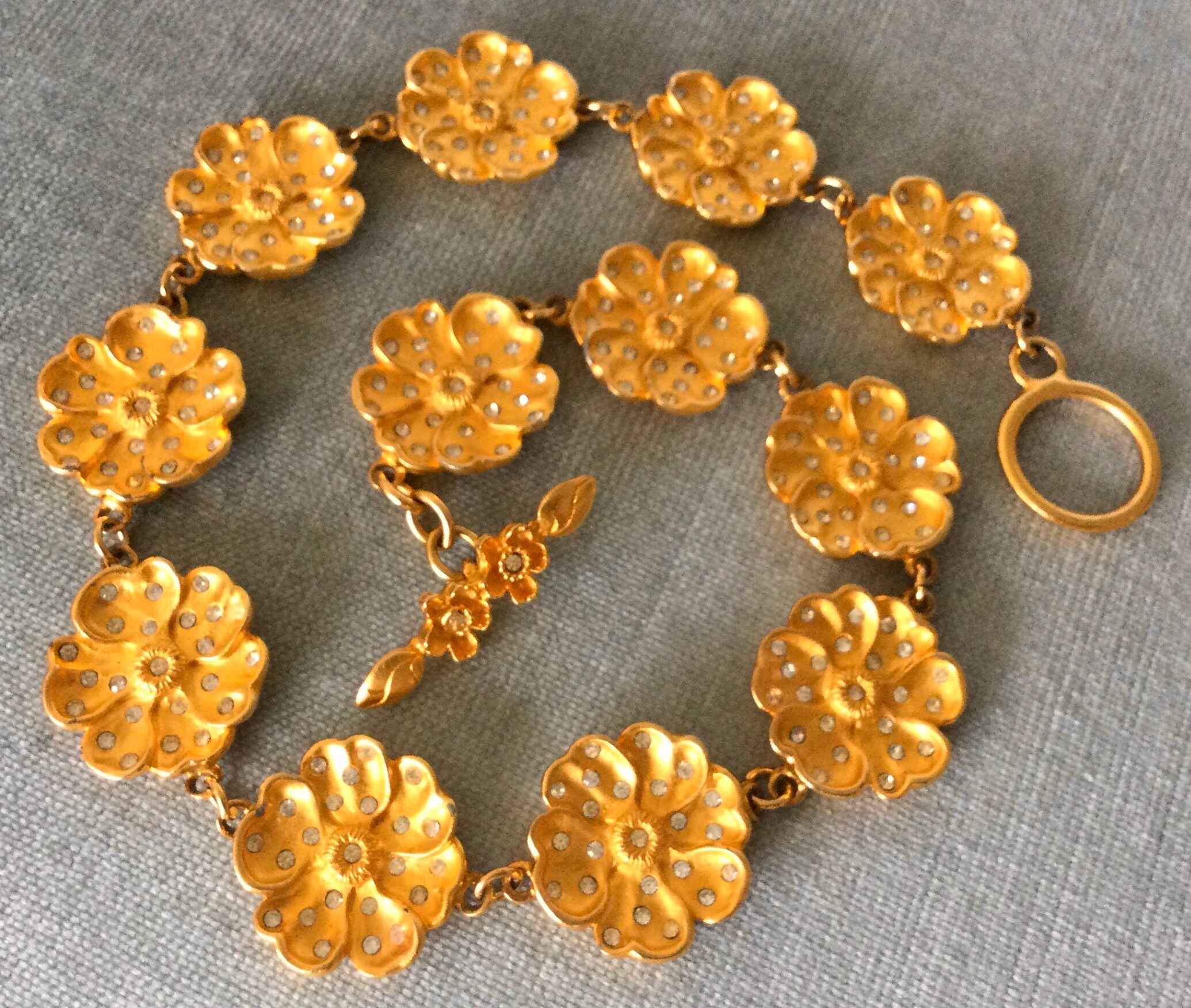 Divine MISH Signed JEWELED Pansy FLOWER Medallion Link