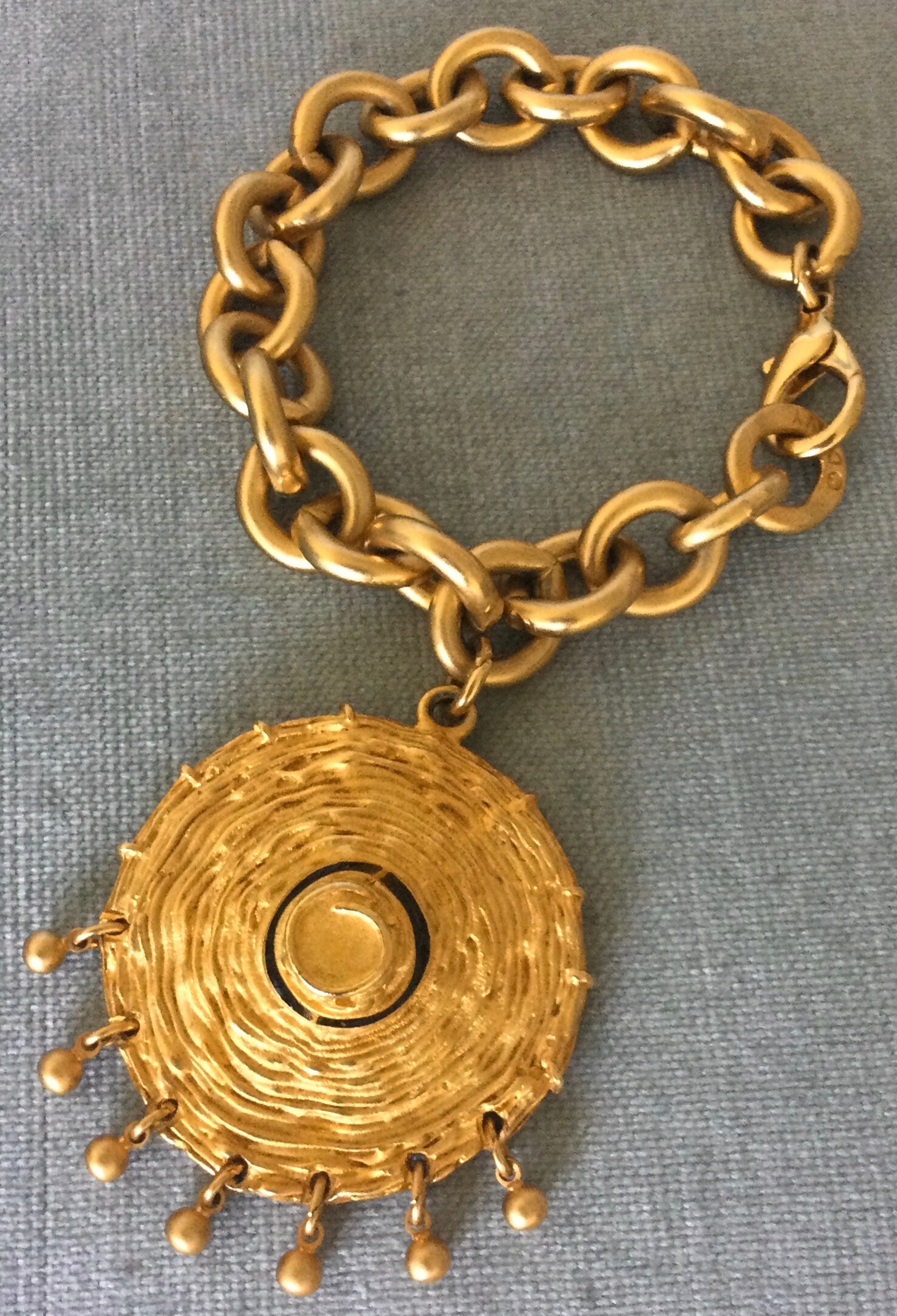 DONNA KARAN Vintage Gold Tone Belt Clip & Hanging Charm Medallion Donna Karan 1992 Vintage Leather Belt | Chairish main image 2