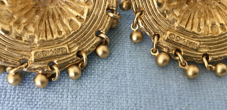 Massive DKNY Donna Karan Signed 2\u201d HAT Sombrero wCHARMS Black Enamel Gold Metal Earrings Clip Bead Dangle Vintage Designer Runway Couture