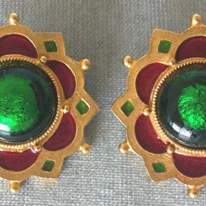 Massive YOSCA Signed 2” Stained GLASS WINDOW Snowflake Earrings Cabochon Enamel Gold Metal Vintage Art Deco Designer Runway Couture Big Star