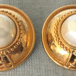 Iconic FENDI Signed Baroque PEARL & LOGO Etruscan Round Earrings Gold Metal Vintage Designer Runway Couture Italy Art Deco Big Statement image 1