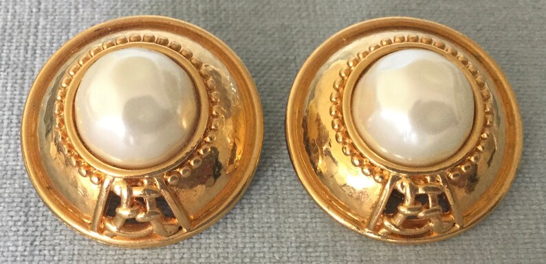 Iconic FENDI Signed Baroque PEARL & LOGO Etruscan Round Earrings Gold Metal Vintage Designer Runway Couture Italy Art Deco Big Statement image 1