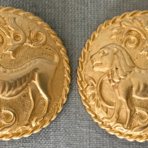 Byzantine LES BERNARD Rampant LION Massive 1 3/4 Round Shield Earrings Gold Metal Vintage Designer Runway Couture Art Deco Ornate Statement image 1