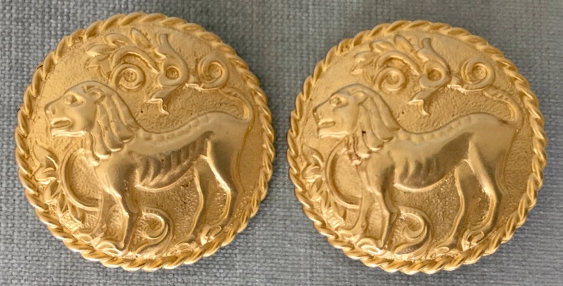 Byzantine LES BERNARD Rampant LION Massive 1 3/4 Round Shield Earrings Gold Metal Vintage Designer Runway Couture Art Deco Ornate Statement image 1