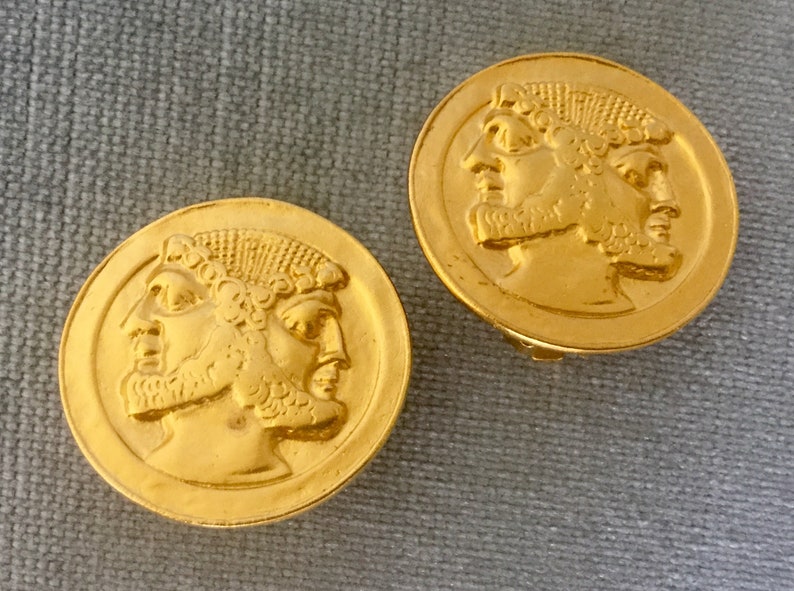 KJL Kenneth Jay Lane Signed JANUS HEADS Roman Coin Gold Metal Round Earrings Vintage Etruscan Revival Big Statement Designer Runway Couture