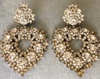 Massive THELMA DEUTSCH Signed HEART Drop Dangle Earrings Crystal Rhinestones Silver Metal Vintage Designer Runway Couture Love Big Statement