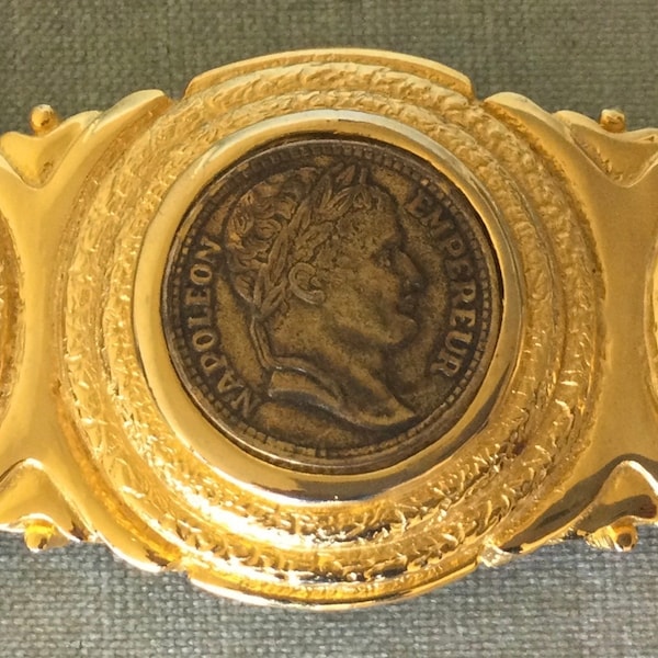 Huge DOTTY SMITH Signed Triple COIN 5 1/8” Belt Buckle Gold Metal Napoleon Emperor Head Vintage Designer Runway Couture Art Deco Big Roman